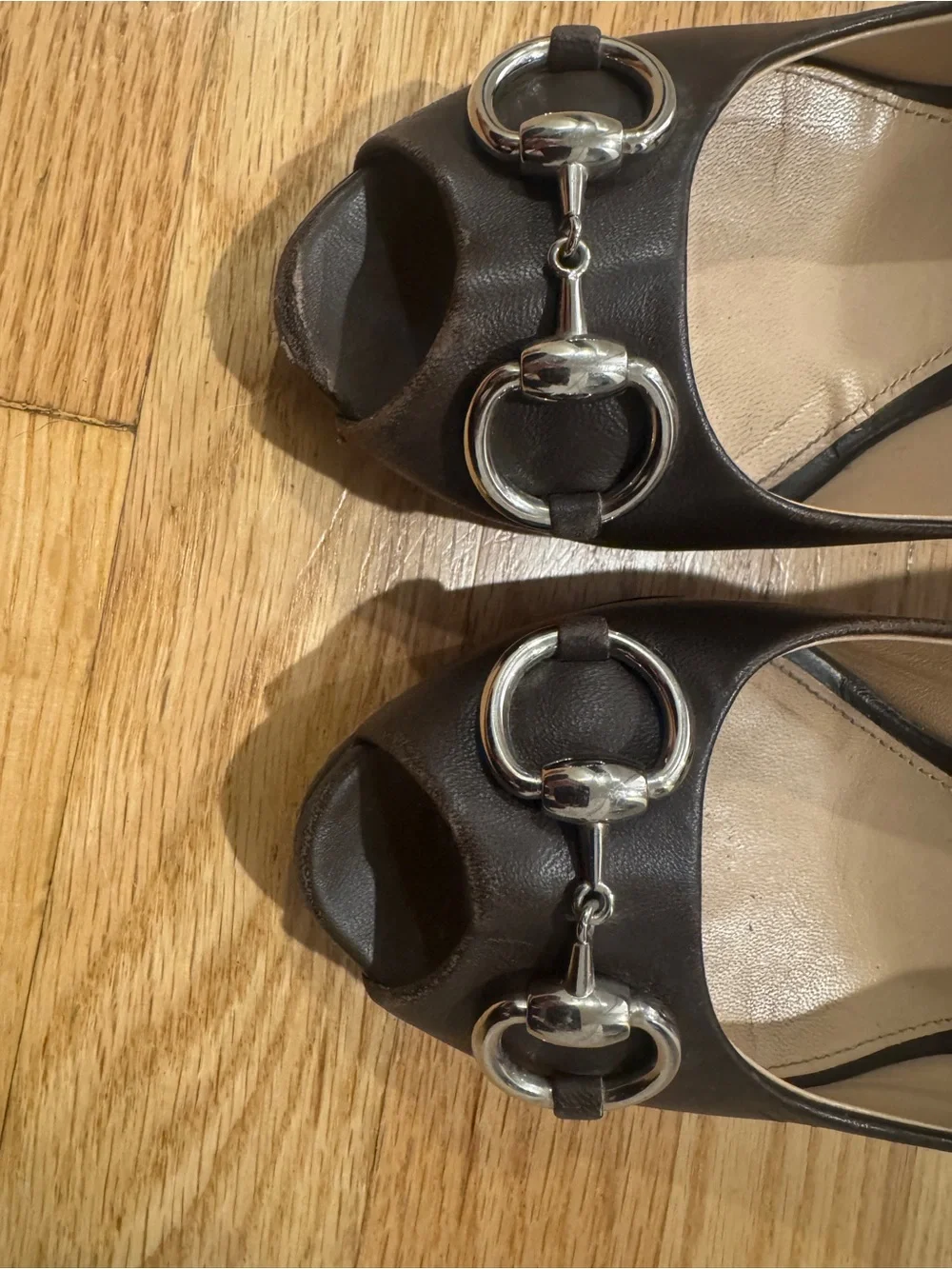 Gucci Dark Brown Leather Horsebit Peep Toe Pumps Heels Size 37.5 / US 7.5